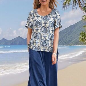 YESNO Women’s Floral Paisley T-Shirt – Loose Fit Cotton Crew Neck Short Sleeve